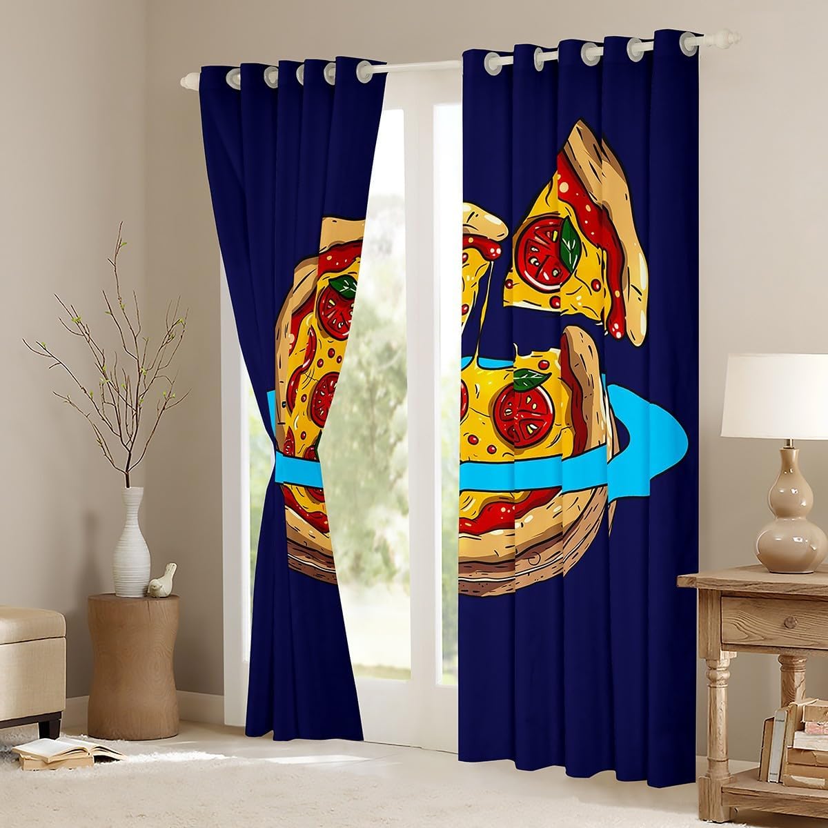Feelyou Pizza Blackout Curtains Cartoon Galaxy Pizza Curtains for Bedroom Living Room Children Outer Space Tasty Food Pattern Print Darkening Dreapes2 Panels, 42 x 63 Inch Window Treatments