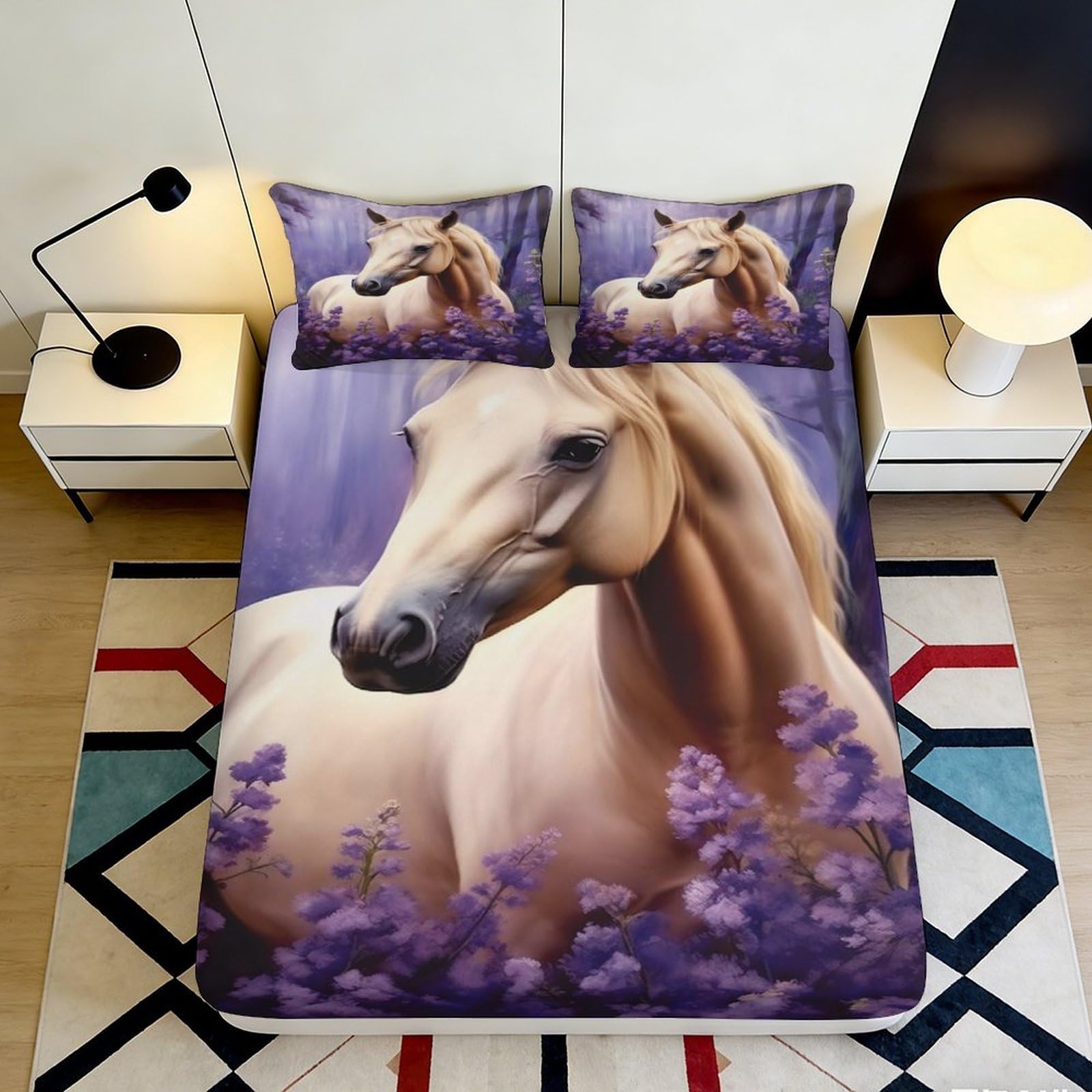 3D Printed Horse Design Fitted Sheet Microfiber Deep Pocket Bedroom Bedding Horse Mattress Fitted Cover for Adults Youth 160x200x25cm