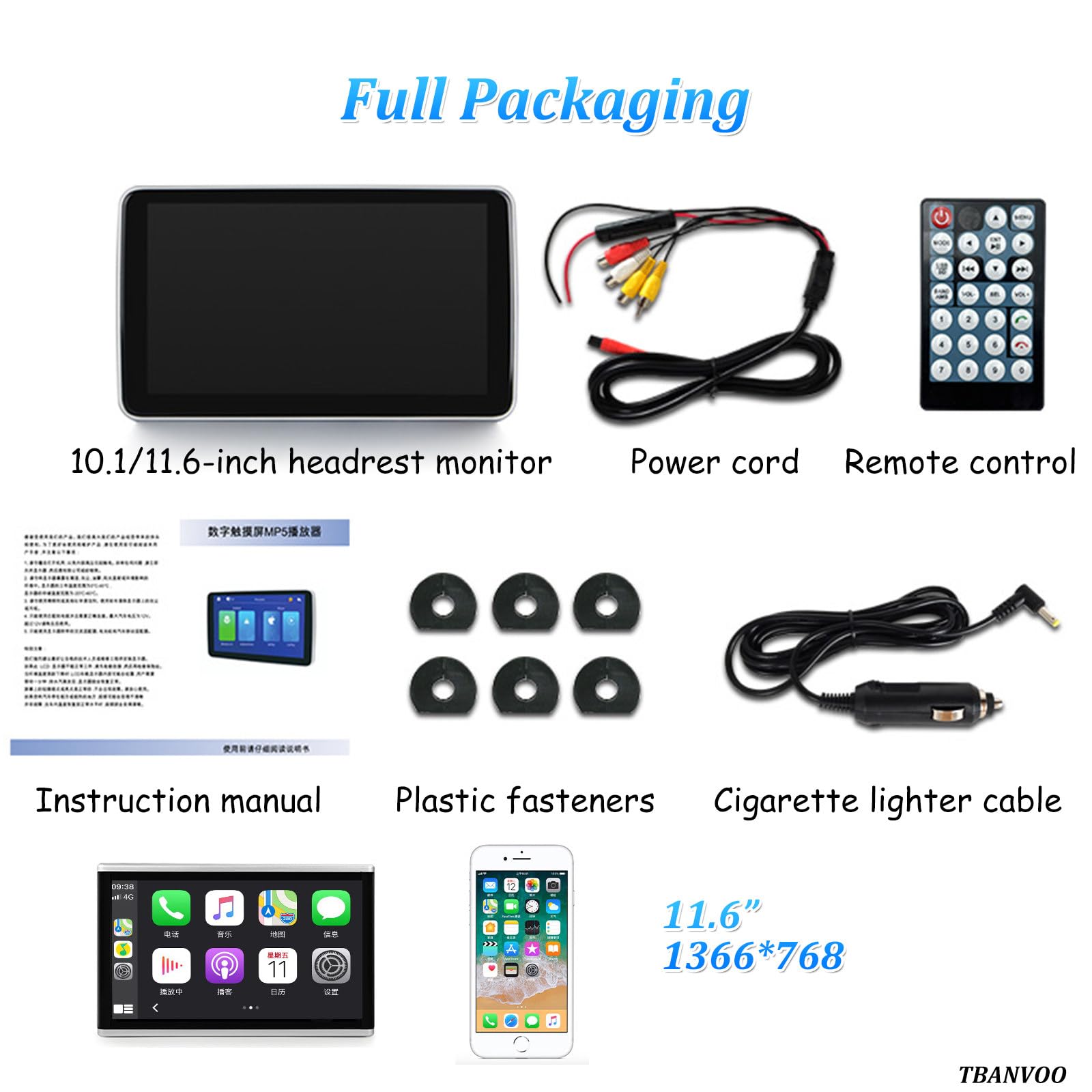 Doppio Lettore DVD per Poggiatesta Auto 10,1"/11,6" con Luce Ambientale 7 Colori & Touch Screen Android, Supporta la Funzione Specchio del Telefono 11.6in