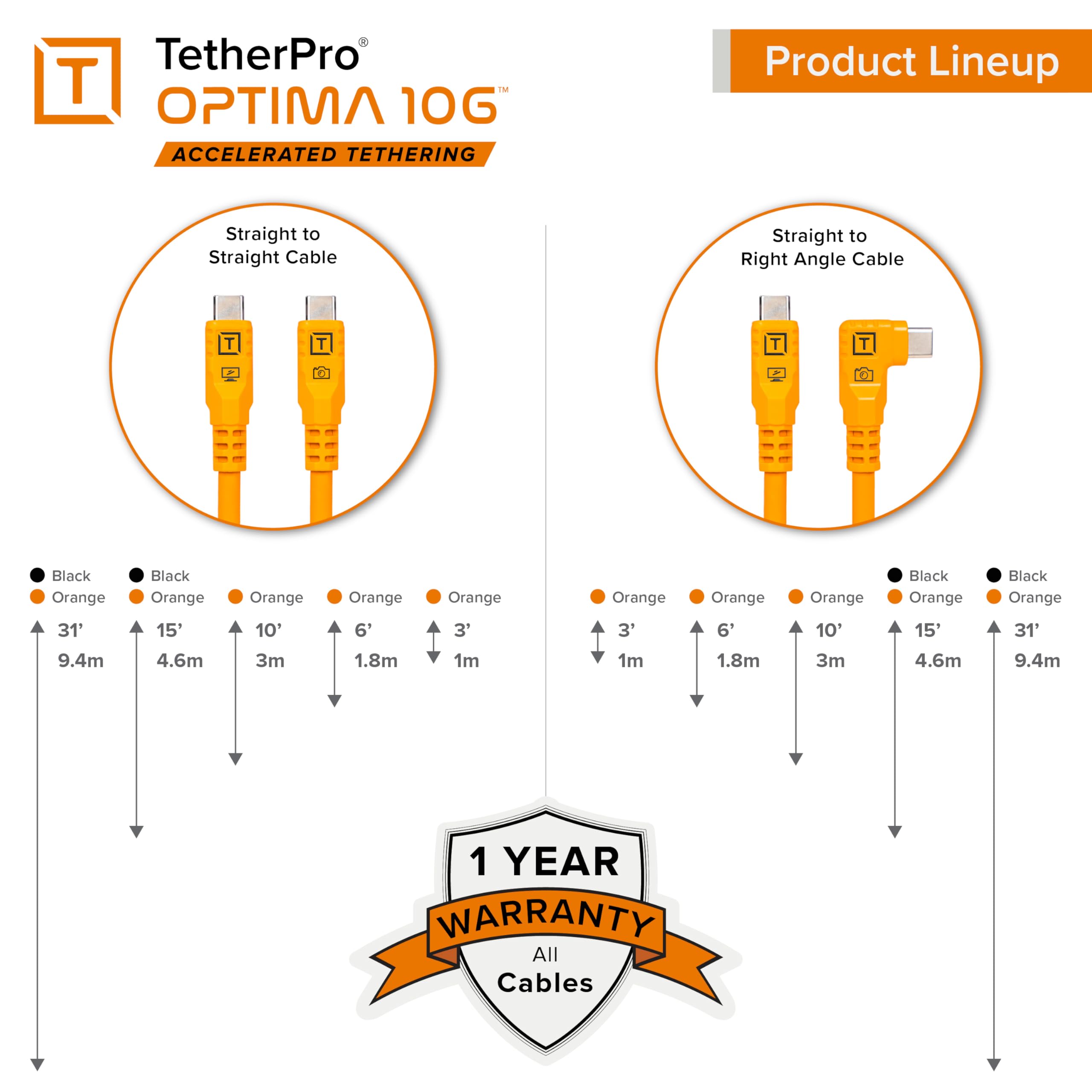 Tether Tools TetherPro USB-C Optima 10G rechts orange 3m NEU
