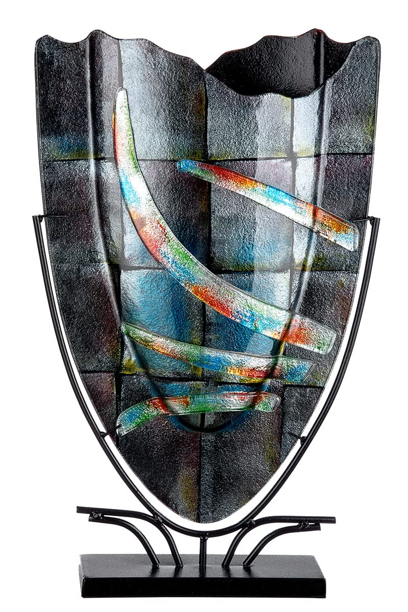 GILDE GLAS art Design Dekovase aus Glas - mit Metallständer - Geschenk für Frauen Geburtstag Valentinstag Muttertag - Farbe: grau - Höhe 58 cm