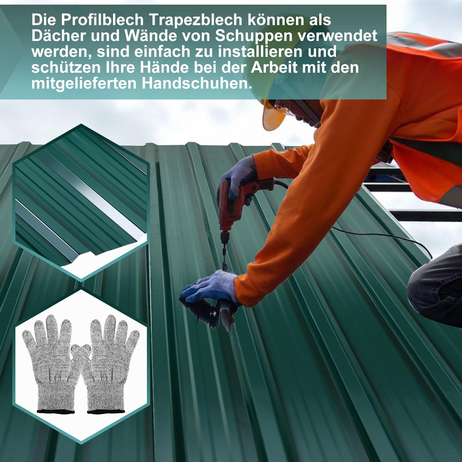 24X lamiere trapezoidali, 129 x 46 cm, 14 m², lastre ondulate per tetto, 0,25 mm, lamiera profilata in acciaio zincato, per rimessa attrezzi, carport, serra, guanti antitaglio verdi
