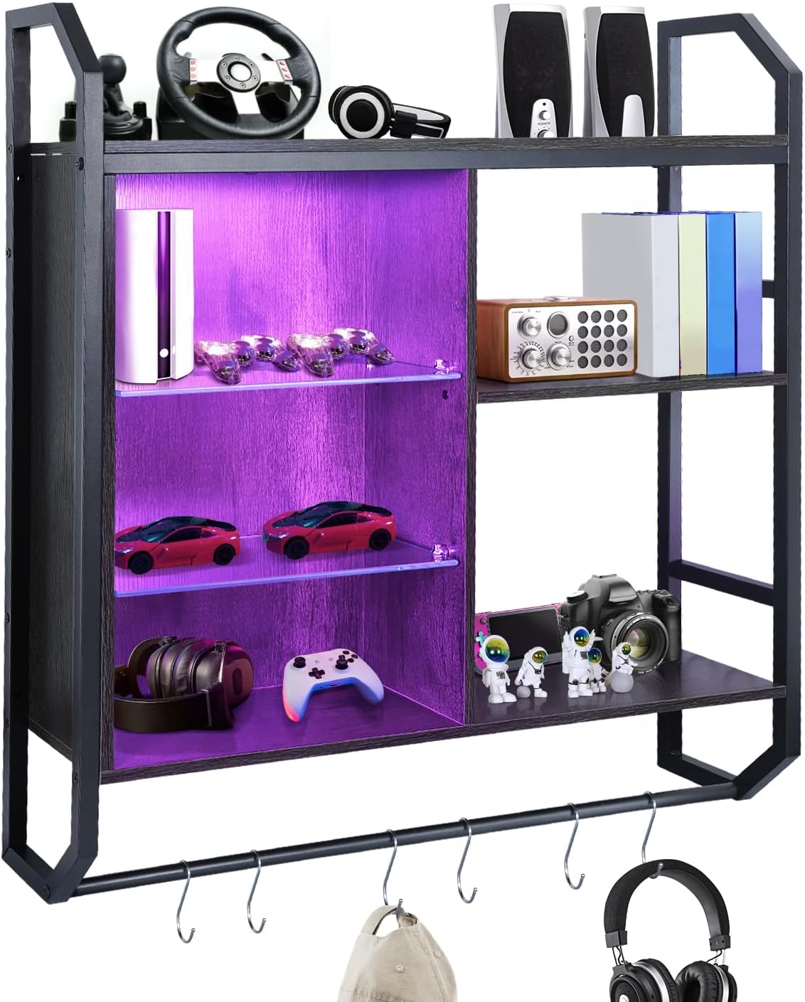 34" LED Gaming Floating Shelves - Wall Mounted Shelf 3 Tier Display Rack with Adjustable Glass Shelf and 6 S-Hook, Wall Mounted Shelves Suited for Bathroom Wall Living Room