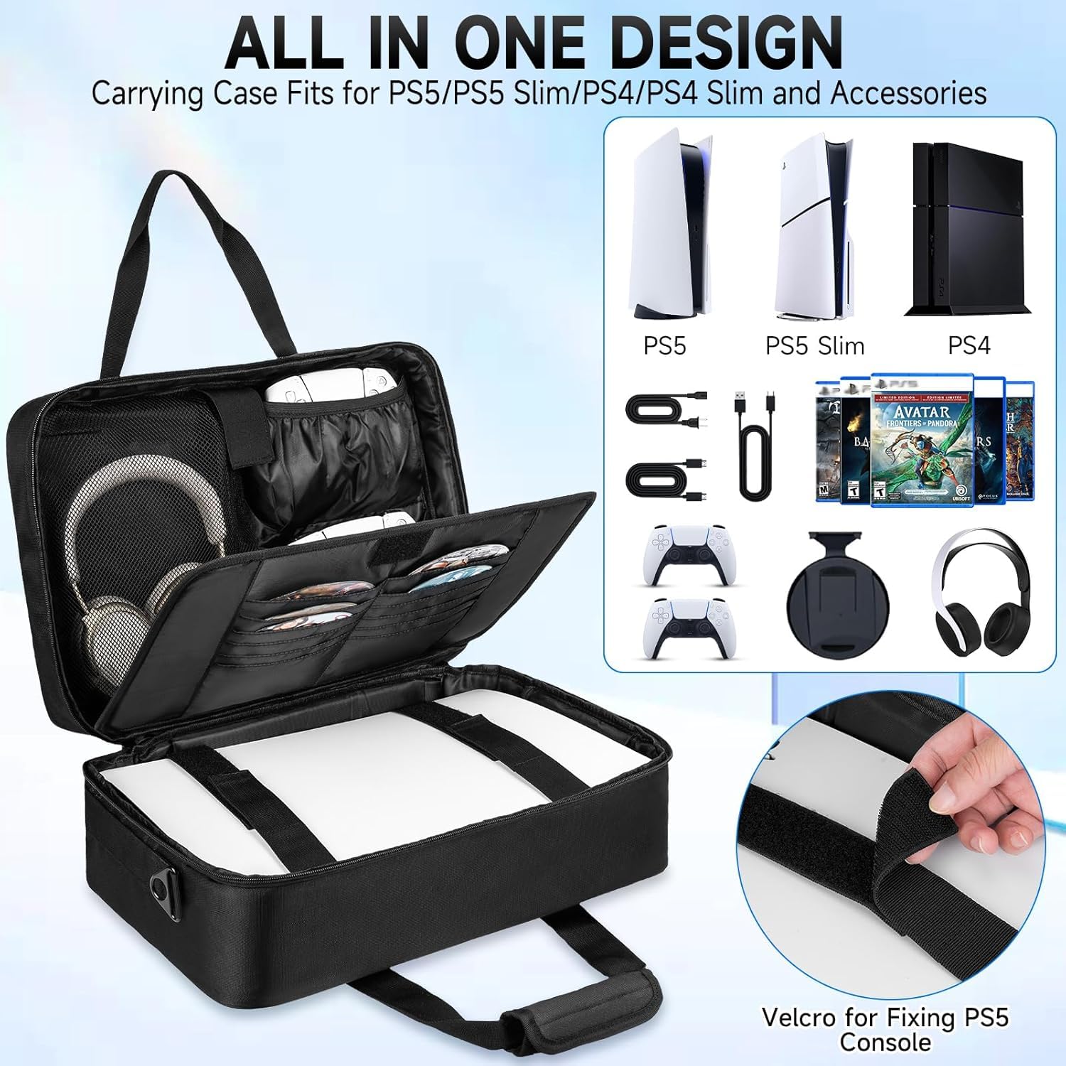 Tragetasche für PS5 PRO/PS5/PS5 Slim, Reise-Schutztasche passend für PlayStation 5 Konsole, Controller, Spiele-Discs und Gaming-Zubehör, Schwarz, Taschen-Organizer