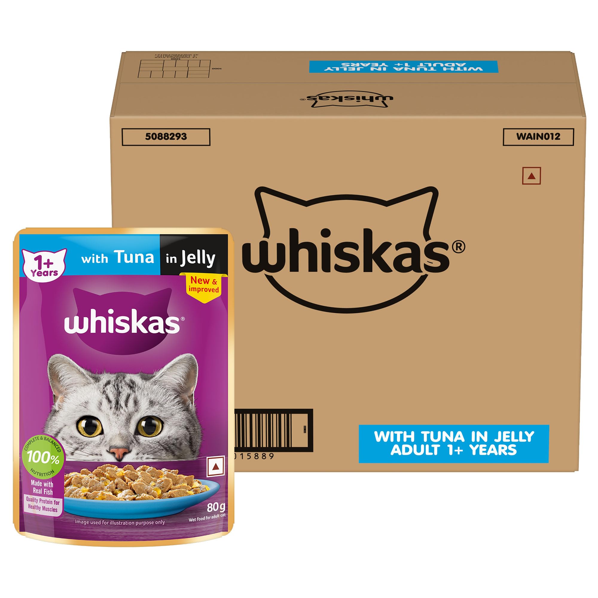 Whiskas Adult (+1 Years) Wet Cat Food, Tuna in Jelly, 80 g (Pack of 112), Hydrating Food Made With Real Fish, 100% Complete & Balanced Nutrition for Adult Cats