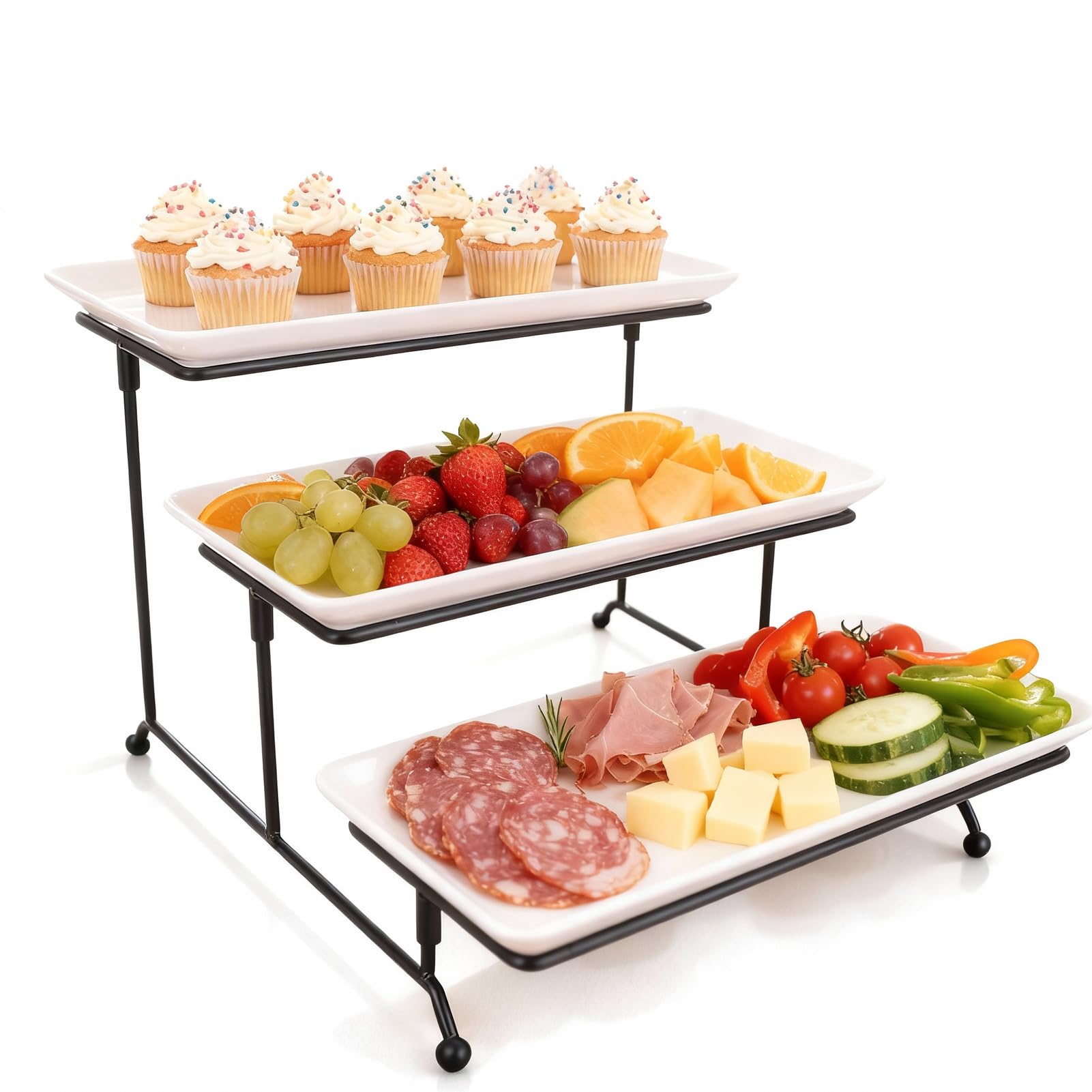 Irishom 3 Tier Serving Tray – White Porcelain Tiered Food Display Stand with Metal Frame, Reusable Cake Stand for Parties, Weddings, Afternoon Tea and Buffet Table