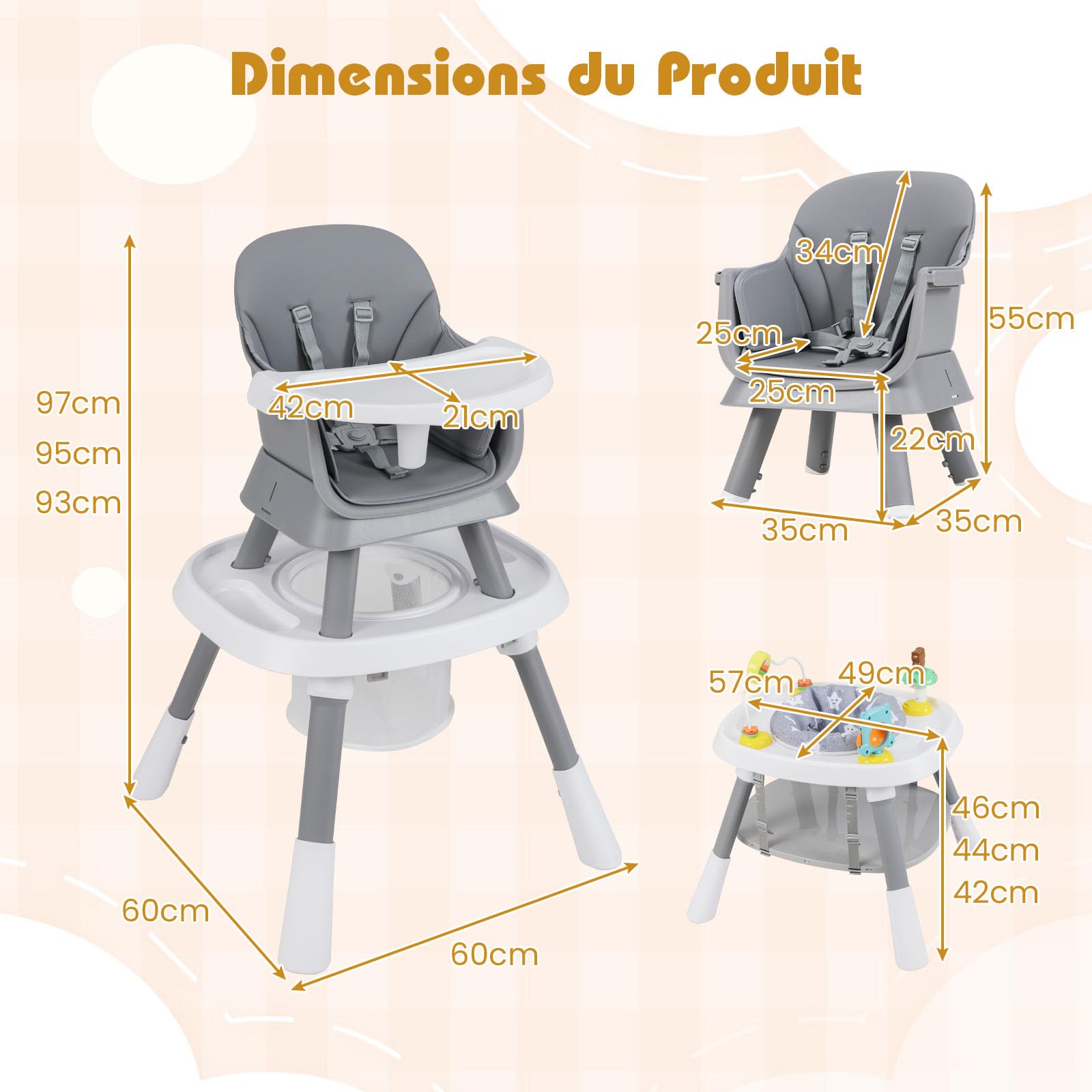 COSTWAY 16 en 1 Chaise Haute Bébé Evolutive, Plateau Réglable à 3 Niveaux, Table de Construction, Chaise Haute Bebe, Harnais à 5 Points, Siège Pivotant à 360°, 3 Jouets, pour 6-36 Mois (Gris)