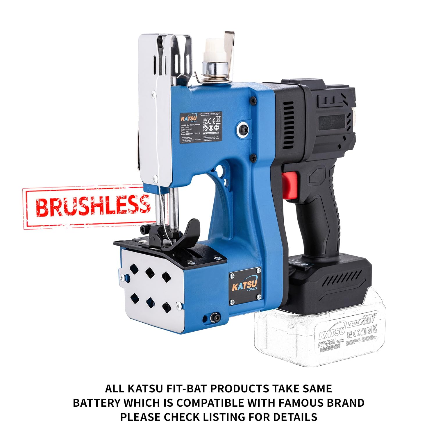 KATSU FIT-BAT Borstelloze draadloze zaksluitmachine, 18/21V, draagbare naaimachine, extra 5 naainaalden, voor geweven/zak/papier/plastic zakken, geen batterij 823516