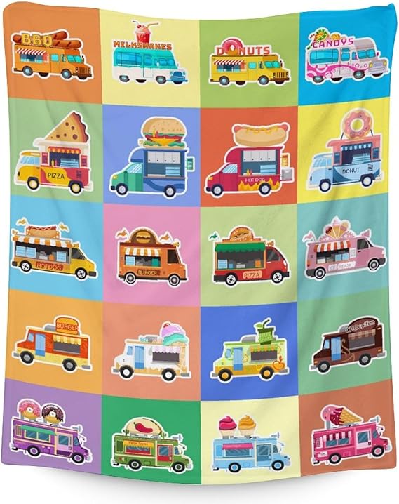 Food Truck Blanket Gifts - 40x50 Inches Funny Throw Blanket for Boys & Kids - Colorful Soft Fuzzy Car Blankets for Bed, Couch & Living Room
