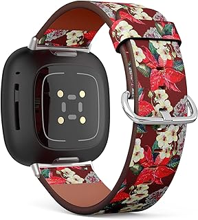 CJBROES Replacement Leather Watch Band, Compatible with Fitbit Versa 3 and Fitbit Sense of Wristband Bracelet Accessory - Poinsettia Orchid Peony Bouquet Watercolor