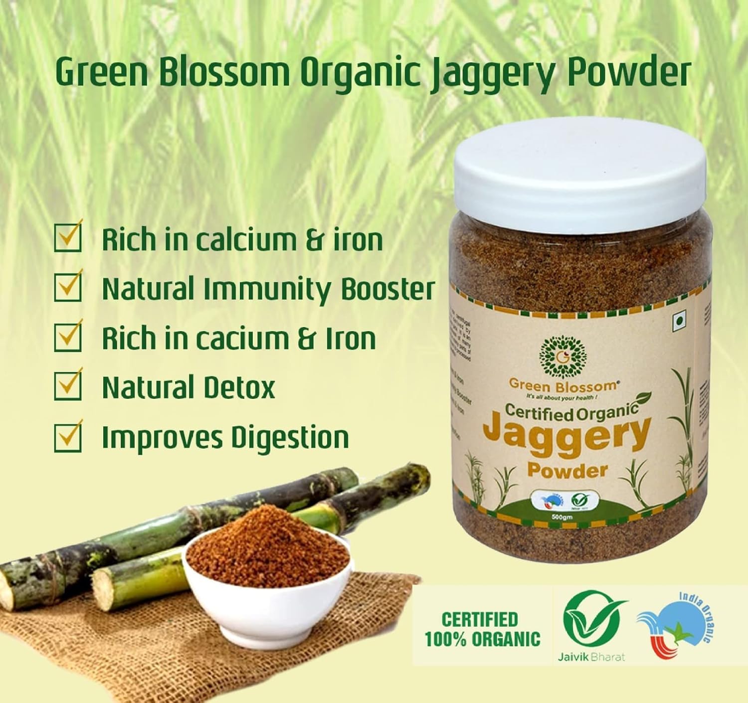 Green Blossom Organic Jaggery Powder | Gur | Gud | Bura - Pure & Natural, Chemical-Free, Pesticide-Free Indian Sweetener | Sugarcane Jaggery for Healthy Living | Family Pack - 500g (Pack of 2) 1