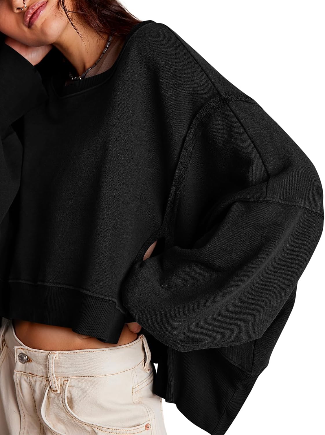 Zwurew Womens Casual Sweatshirt Long Sleeve Tops Crewneck Loose Fit Tee Pullover Crop Tshirt Side Slit Fall Fashion 2024 - Image 2