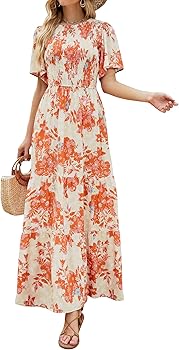 ZESICA Women's 2023 Summer Casual Floral Print Short Flutter Sleeve Crew Neck Smocked High Waist Flowy Maxi Dress