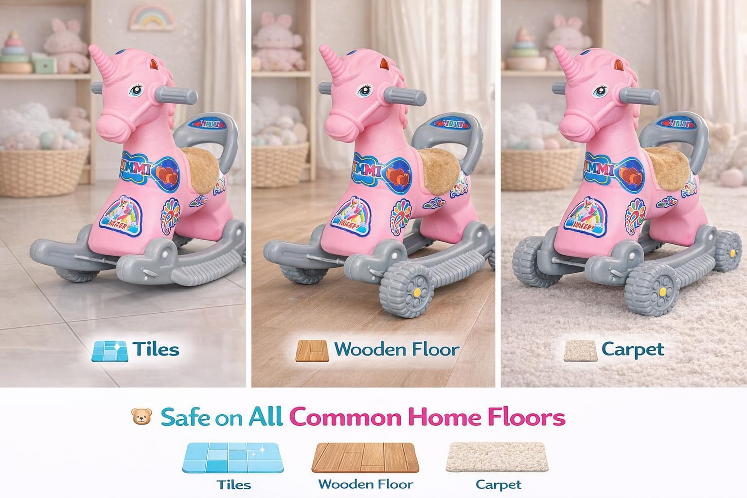Maanit 2 in 1 Unicorn Rider for Kids 1-5 Years Old Interactive Birthday Gift for Kids Rideons & Wagons Non Battery Operated Ride On (Pink) 3