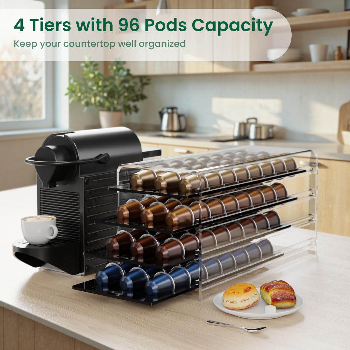 Cajón acrílico para cápsulas originales de Nespresso, organizador de 4 niveles y 96 cápsulas de capacidad para encimera, cafetería, hogar, oficina, cocina