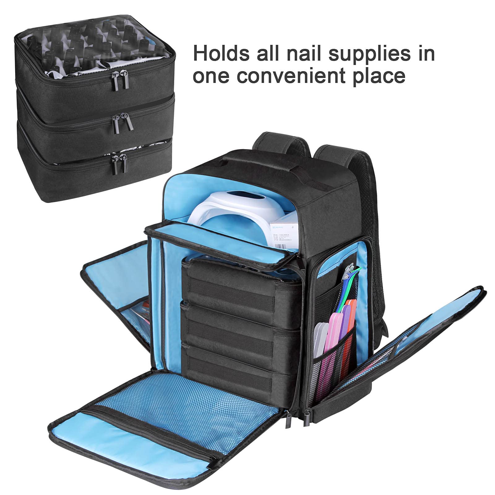 Famard Nail Polish Organizer Backpack Holds 108 Bottles(15ml - 0.5 fl.oz) and a Nail Lamp, with 3 Removable Storage bag for Nail Tech (Black)