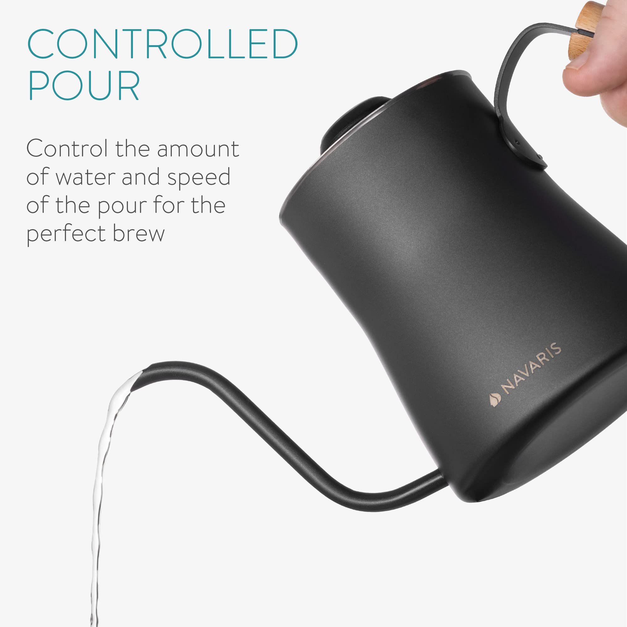 Navaris Bouilloire avec thermomètre - Bouilloire à café 1 L en Acier Inoxydable avec Bec verseur col de Cygne et poignée en Bois - Infusion Marc