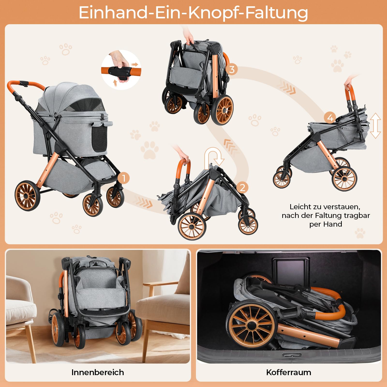 MAMIZO One-Touch Passeggino per cani, Passeggino pieghevole gatti, fino a 25 kg, Telaio Alu & acciaio carbonio,Maniglione regolabile in altezza,Portabicchieri,4 PCS ruote,per cani e gatti,Grigio scuro