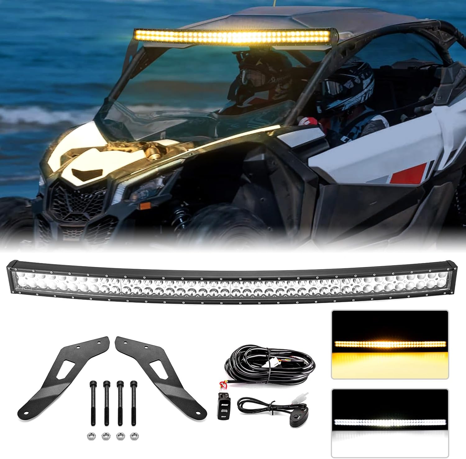WeiSen 52" 300W Roof Curved LED Strobe Light bar Kit Amber & White Combo with Memory Function Wiring Harness Rocker Switch and Light Bar Mounts Compatible with Can Am Maverick X3 Max 2017-2025 52 inches