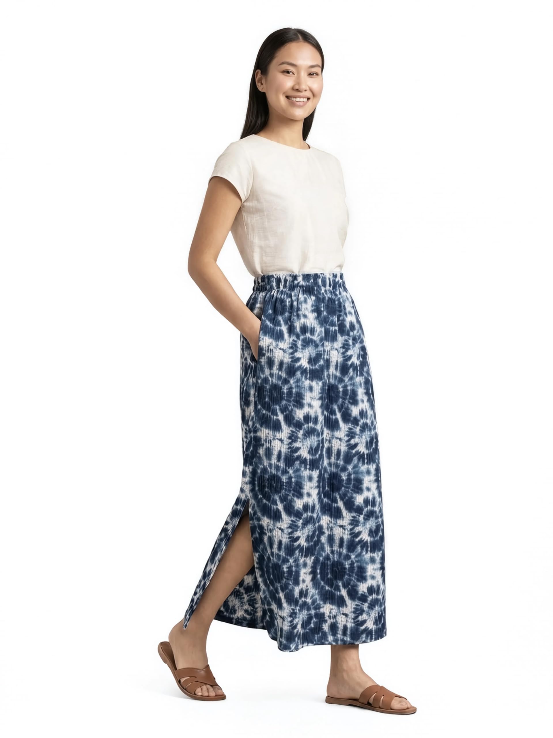 Women's Premium Pure MUL Cotton Dobby Tie-Dye Maxi Skirt | Casual High-Waist Long Boho Skirt with Elastic Band | Sizes S to XXL (in, Alpha, S, Regular, Blue)-picture-26