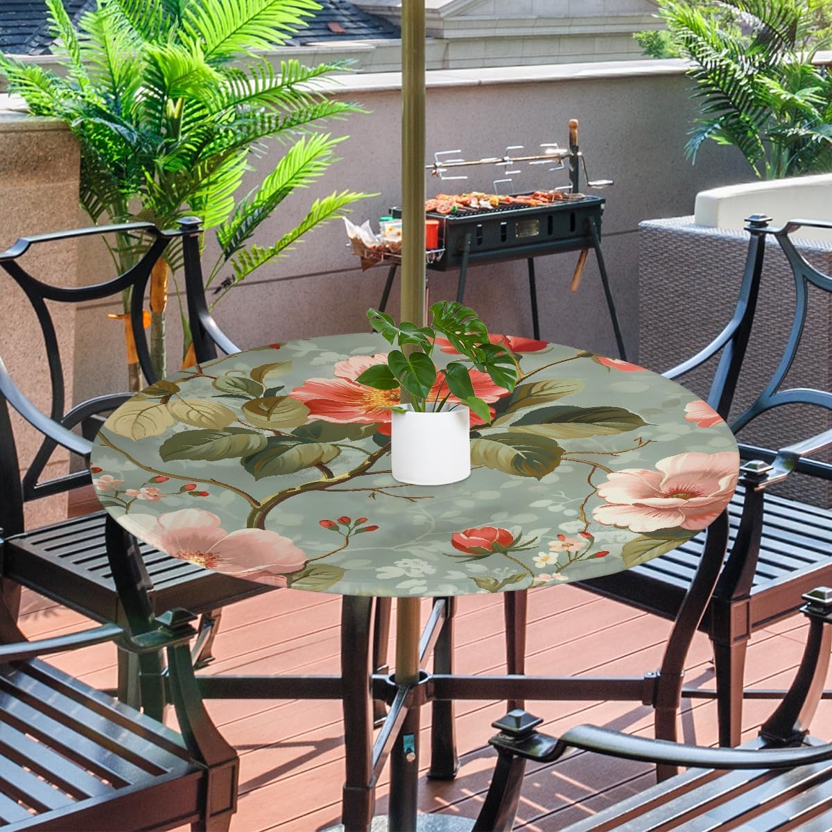 Pardick Round Outdoor Tablecloth with Umbrella Hole Elegant Ethnic Flower Round Fitted Table Cloth Waterproof Umbrella Tablecloth with Zipper Elastic Outdoor Patio Table Cover, Fits 45"-56" Tables