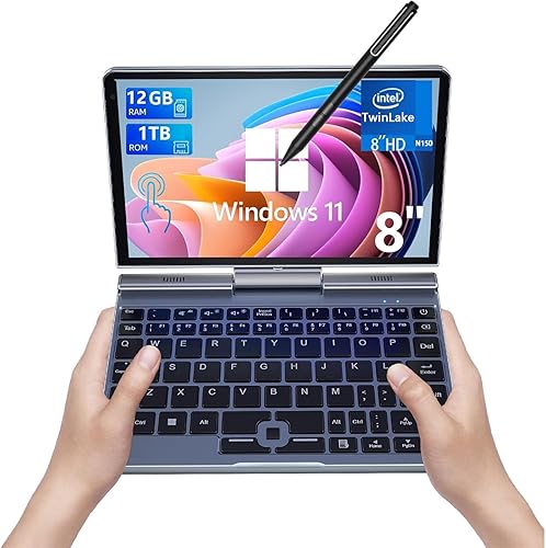 Mini computadora portátil, pantalla táctil HD de 8 pulgadas, mini computadora Windows 11 Pro, Intel N100 4 núcleos 2 en 1 Pocket PC 12GB LPDDR5 RAM