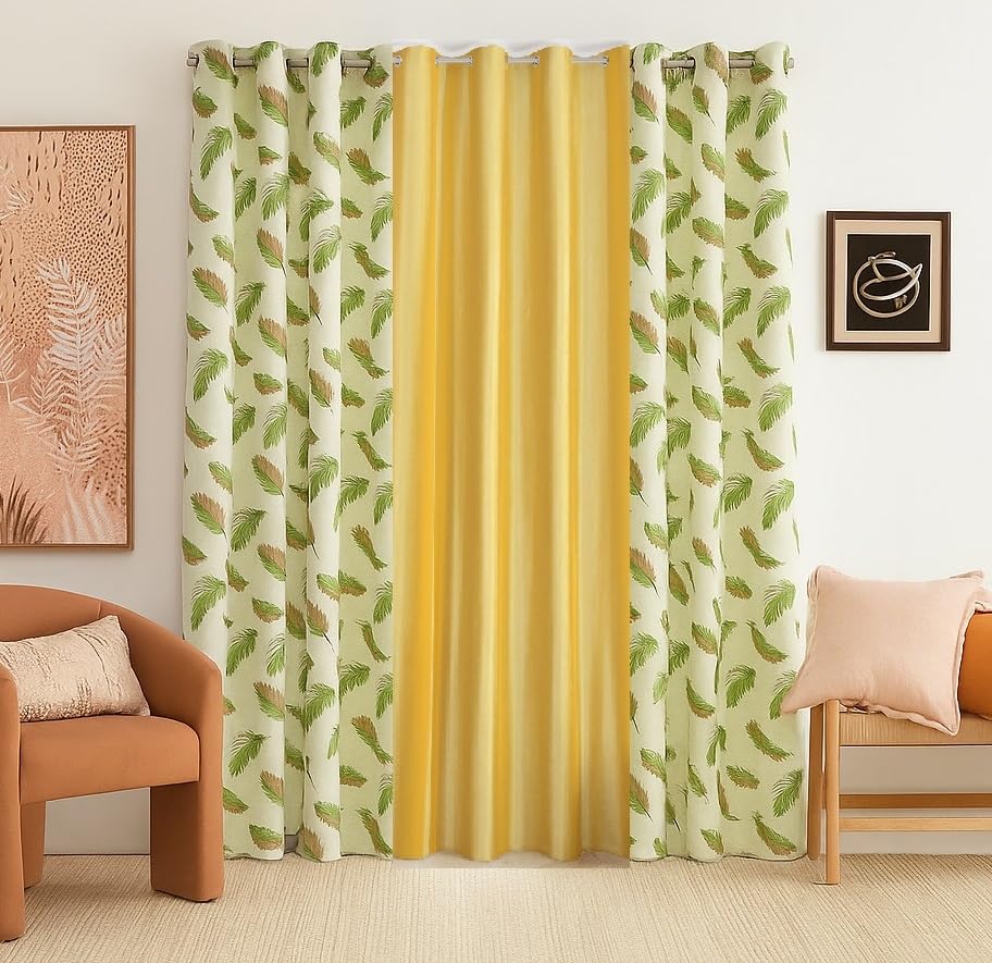 Image of DEVSANG Polyester 2 Print and 1 Solid Curtains 9 feet Long Set of 3 - Yellow & Green