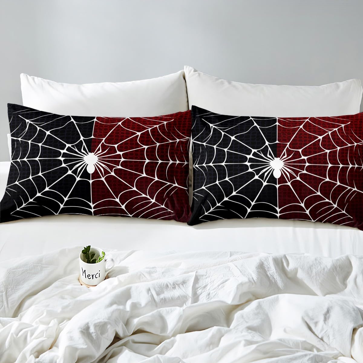 feelingyou White Spider Kids Duvet Cover Double Size,Black and Red Comforter Cover for Kids Teens Adults Bedroom Decor,Halloween Theme Soft Polyester Bedding Set 2 Pillowcases,No Comforter - Image 4