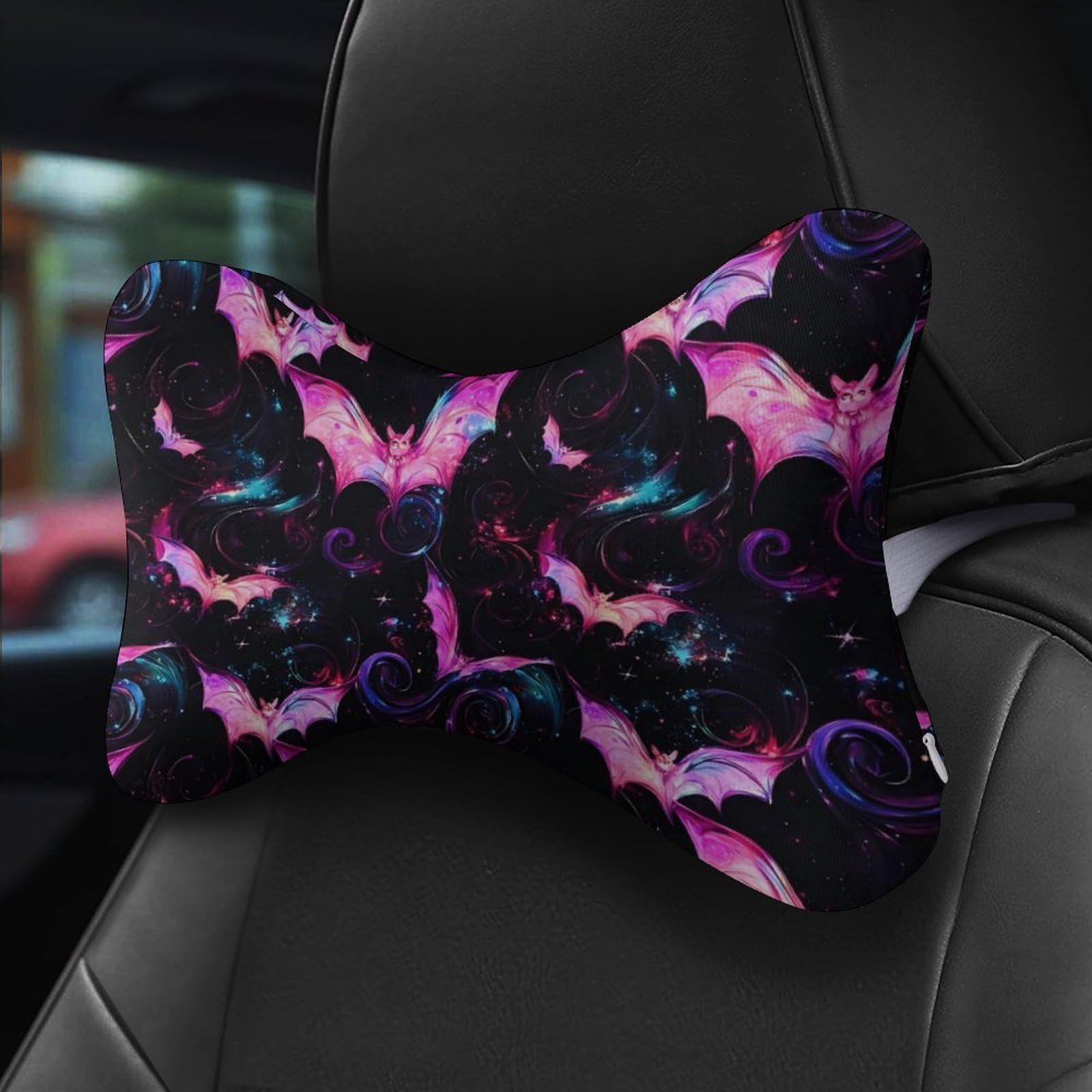 SMAZDFXX Colorful Bats Halloween Car Neck Pillow Set of 2 Car Seat Head Support Cushion Bone Pillows with Elastic Strap