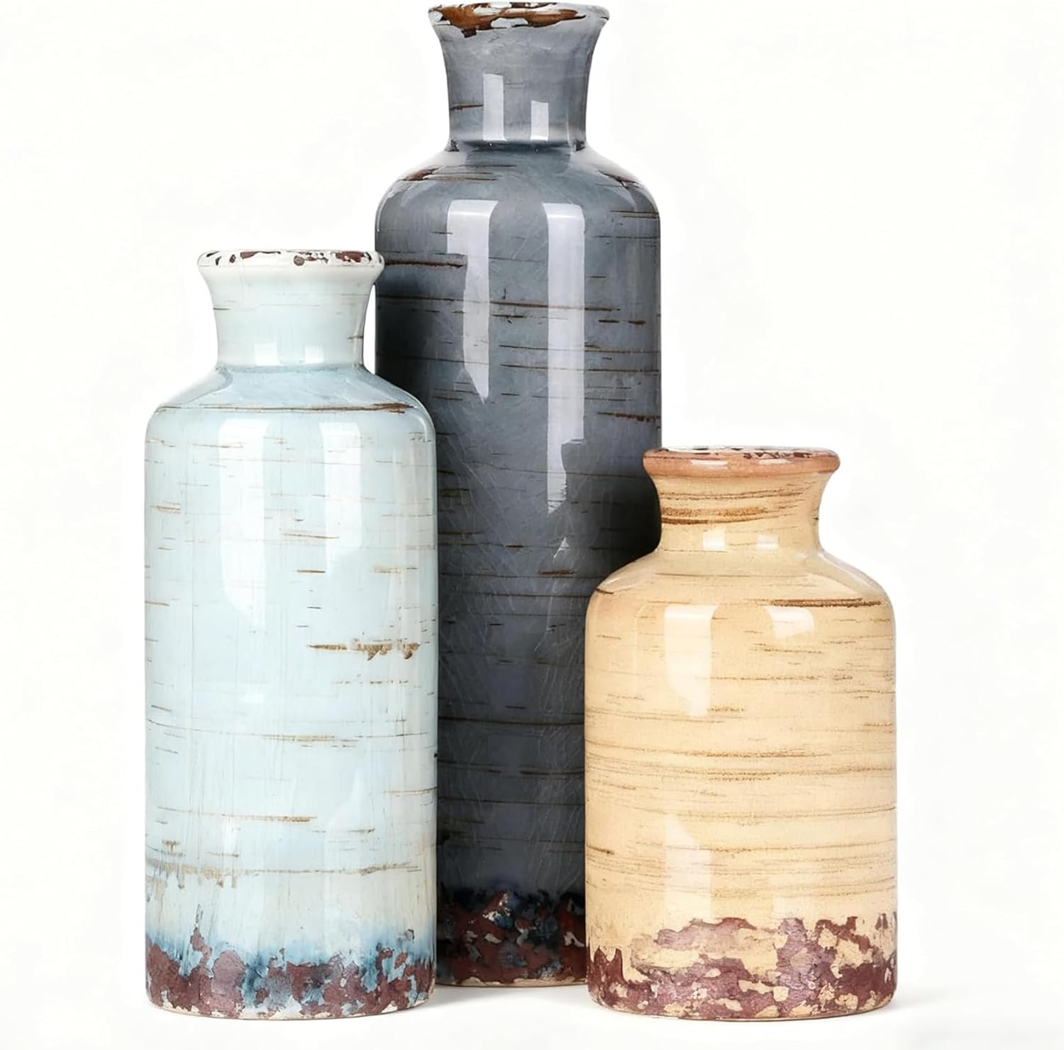 Ceramic Vase Set of 3 - Coastal Multicolor Decorative Vases for Home Decor, Rustic Farmhouse Boho Vases for Living Room, Mantel, Dining Table, Bookshelf, Kitchen or Entryway Decoration