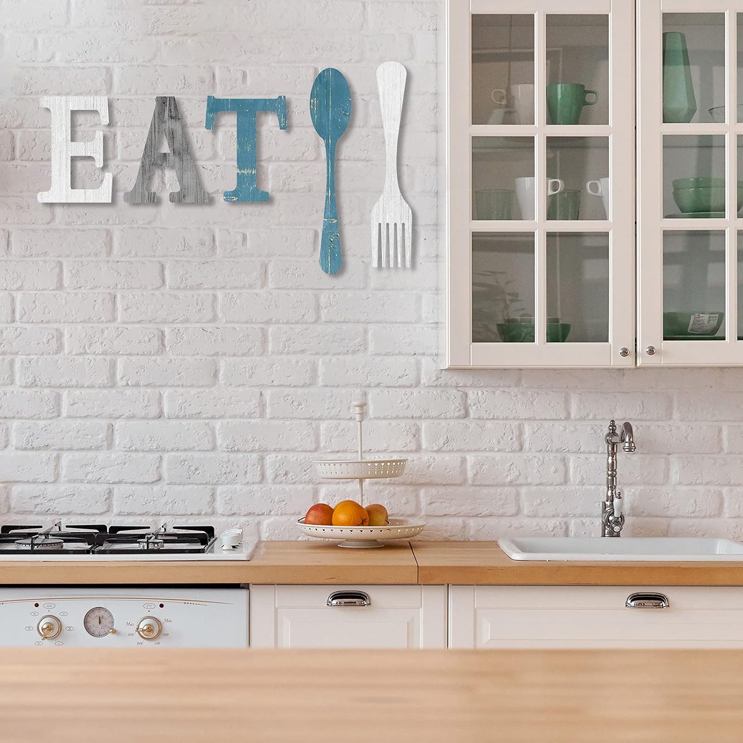 Set of EAT Sign, Fork and Spoon Wall Decor, Rustic Wood Eat Decoration, Cute Eat Letters for Kitchen and Home, Decorative Hanging Wooden Letters, Country Wall Art, Dining Room (Stylish Color)