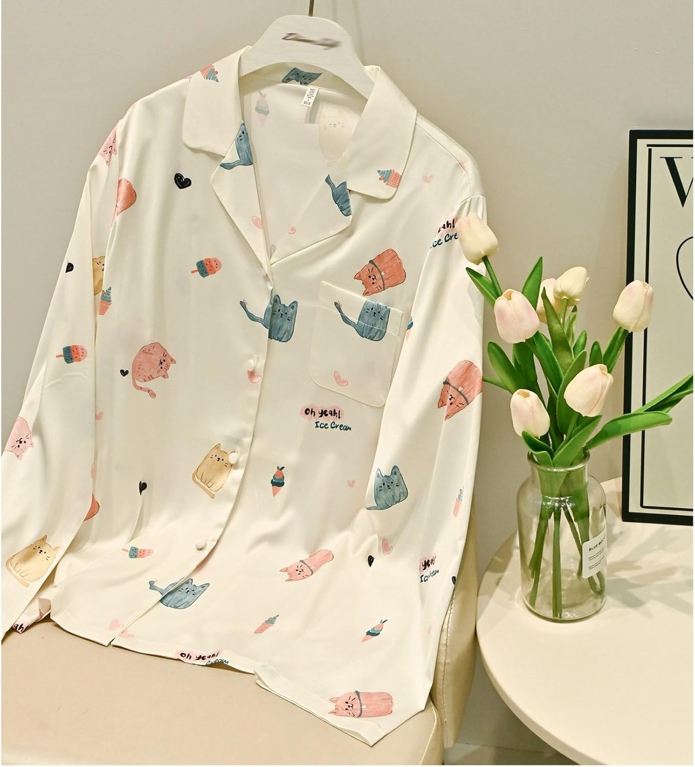 [RAMEMO] パジャマ ルームウェア シルク風 レディース 春秋 長袖 ロングパンツ 上下セット ねこ柄 レーヨン 薄手 通気