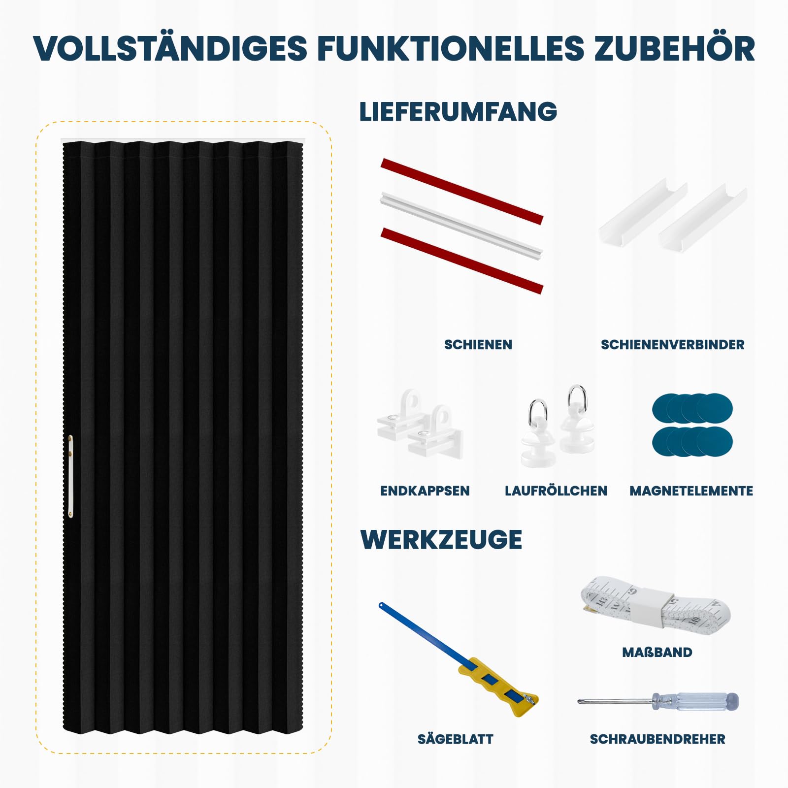 AJAZZ 100% Verdunkelung Türvorhang Ohne Bohren, Schwarz, B140 x H201 cm, Magnetischer Schiebetürvorhang mit Schienen, Akkordeon Faltdesign