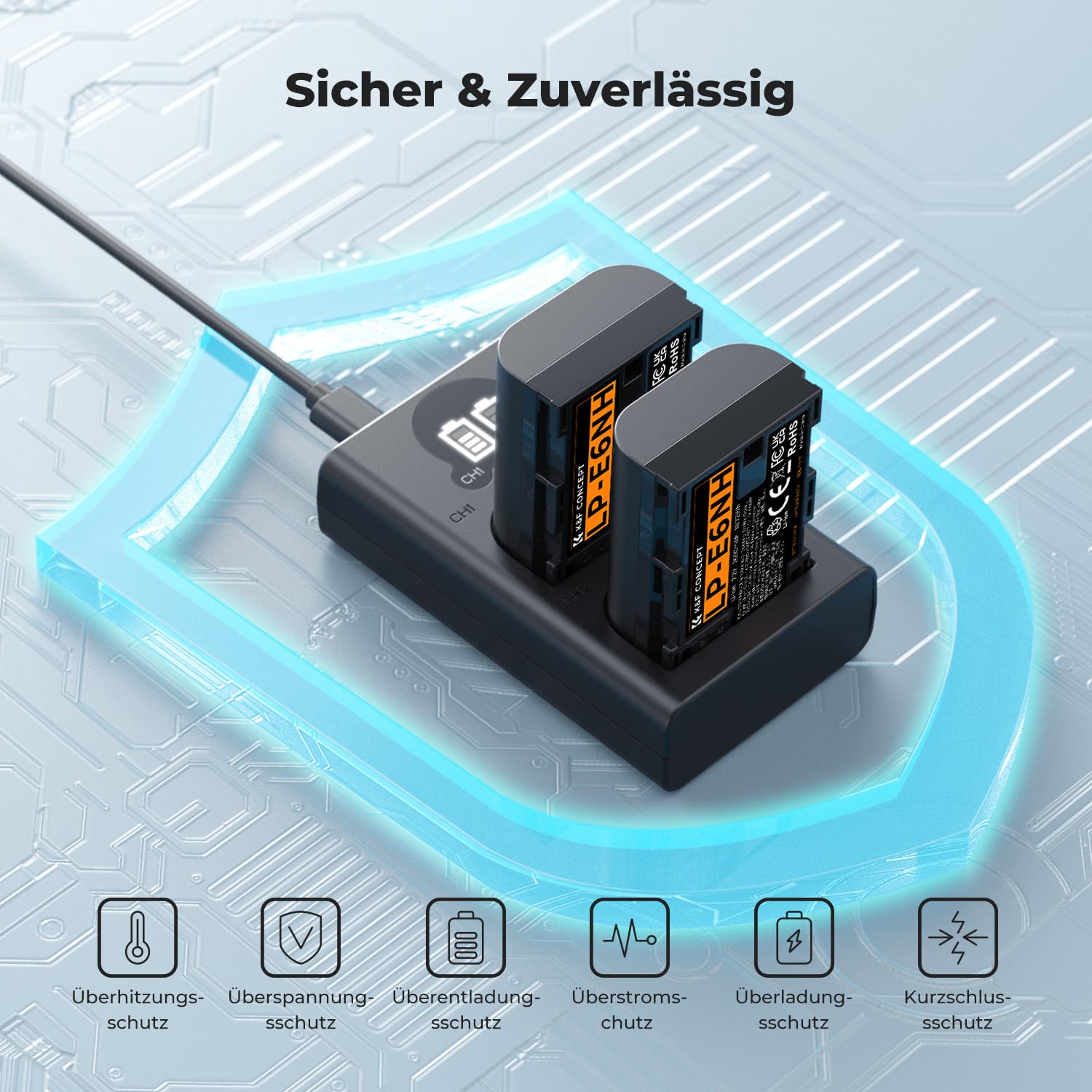 K&F CONCEPT LP-E6NH hohe Kapazität 2600mAh Zwei Akkus und EIN Ladegerät (2er Pack) und 2-Slot Ladegerät Akku-Kit,Kompatibel mit Canon EOS R7 R5 EOS R6 EOS R 5D II III IV 6D II 7D II 60D 70D 80D 90D