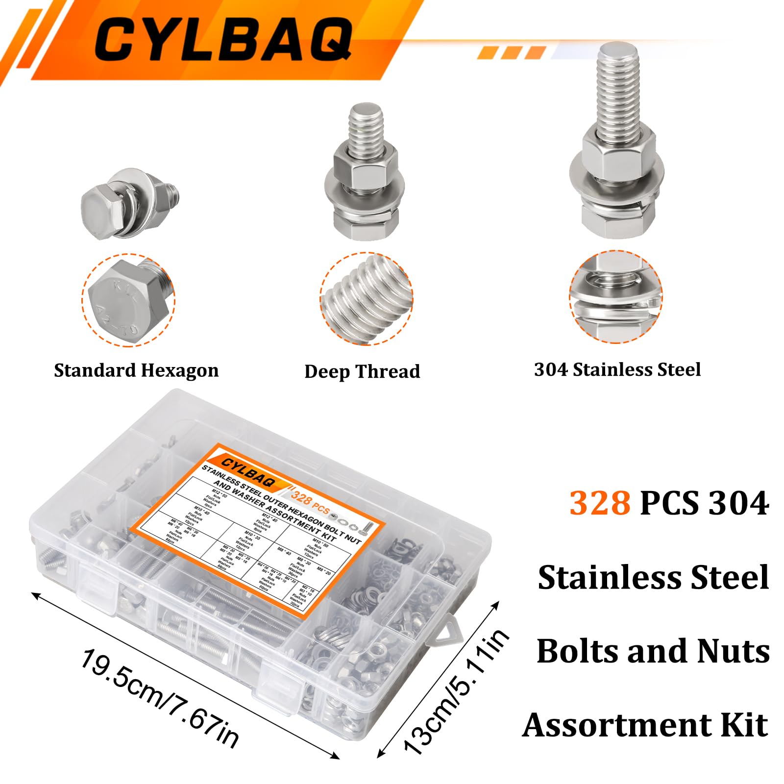 Set di 328 viti a testa esagonale, dadi e rondelle, M3, M4, M5, M6, M8, M10, M12, in acciaio inox, assortite, per industria meccanica fai da te