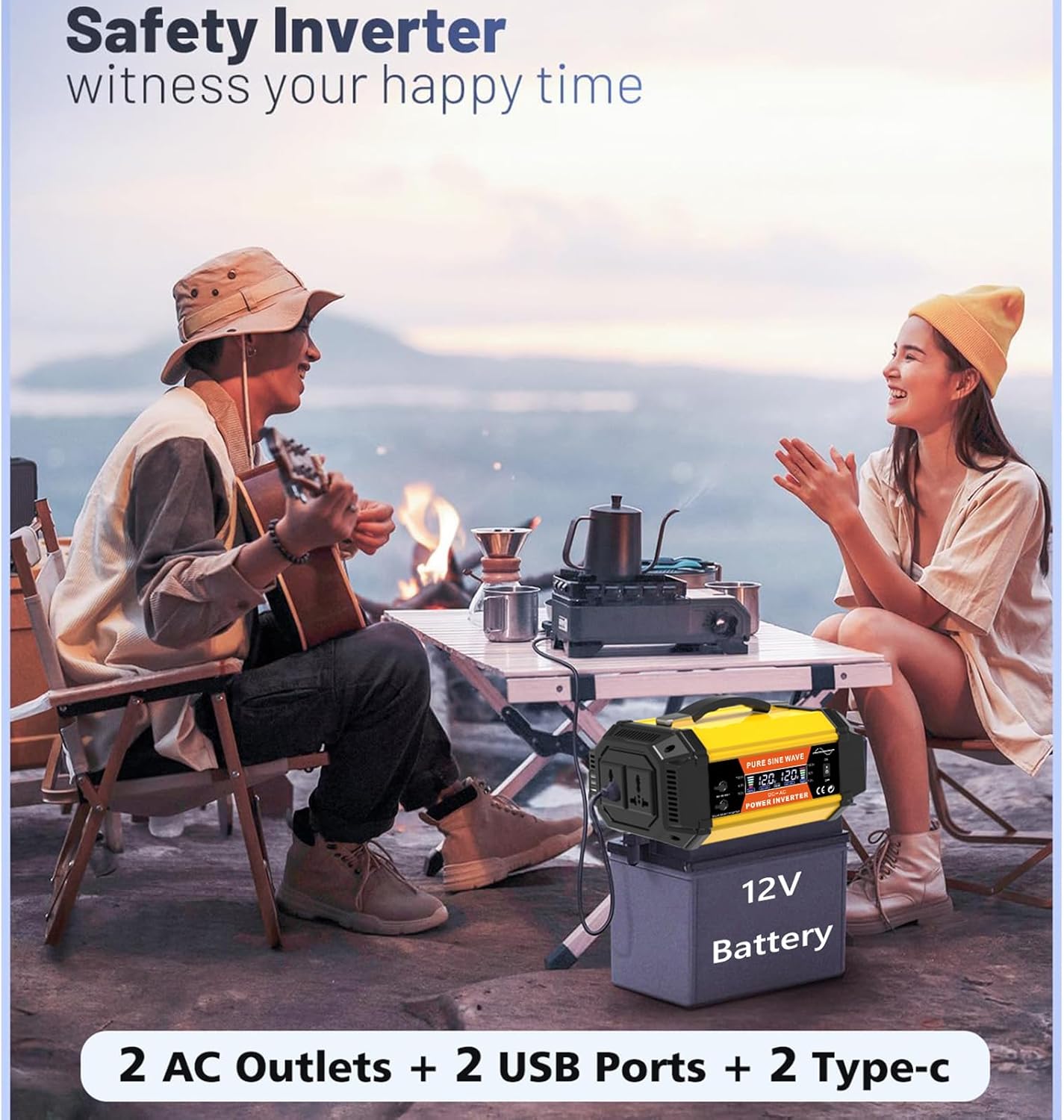 Pure Sine Wave Power Inverter 500W 12V to 110V, Suitable for Solar System, Home, Outdoor, RV & Camping, with 2 AC Outlets, 2 USB Ports, 2 Type-C Ports and 2 DC PV Ports 1000w