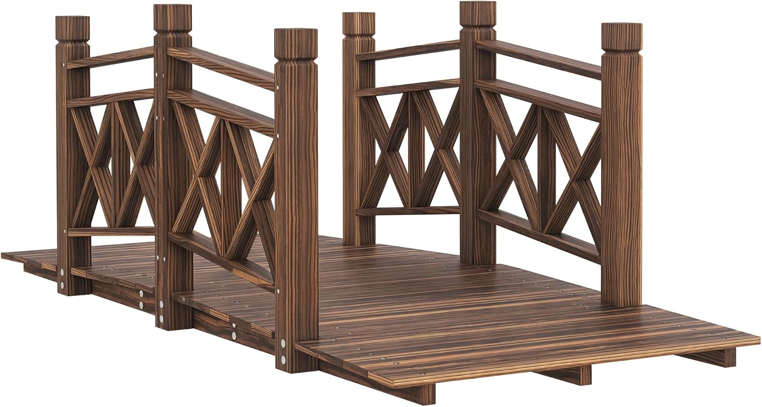 Outsunny 5 ft. Wooden Garden Bridge with Safety Rails, Backyard Bridge Footbridge for Ponds, Creeks, Streams, Carbonized