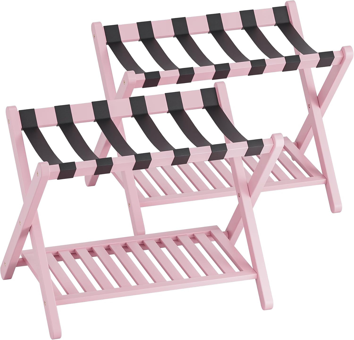 SMIBUY Luggage Rack, Set of 2, Foldable Bamboo Suitcase Stand with Storage Shelf for Guest Room, Bedroom, Hotel, Heavy-Duty (Pink)