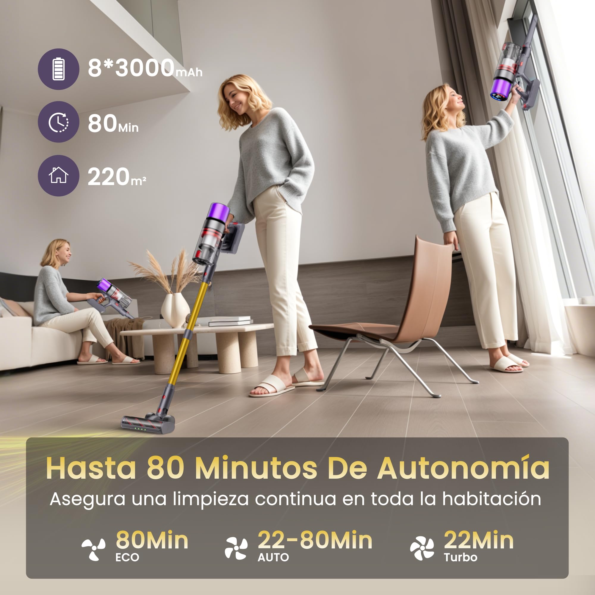 X7 Aspiradora Sin Cable, 55 kPa, 600 W, 80 Min, Base Mural | Aspiradora Escoba Con Modo AUTO, Pantalla LED, Sensor De Polvo Y Cepillo Antienredos Para Suelos, Alfombras Y Mascotas