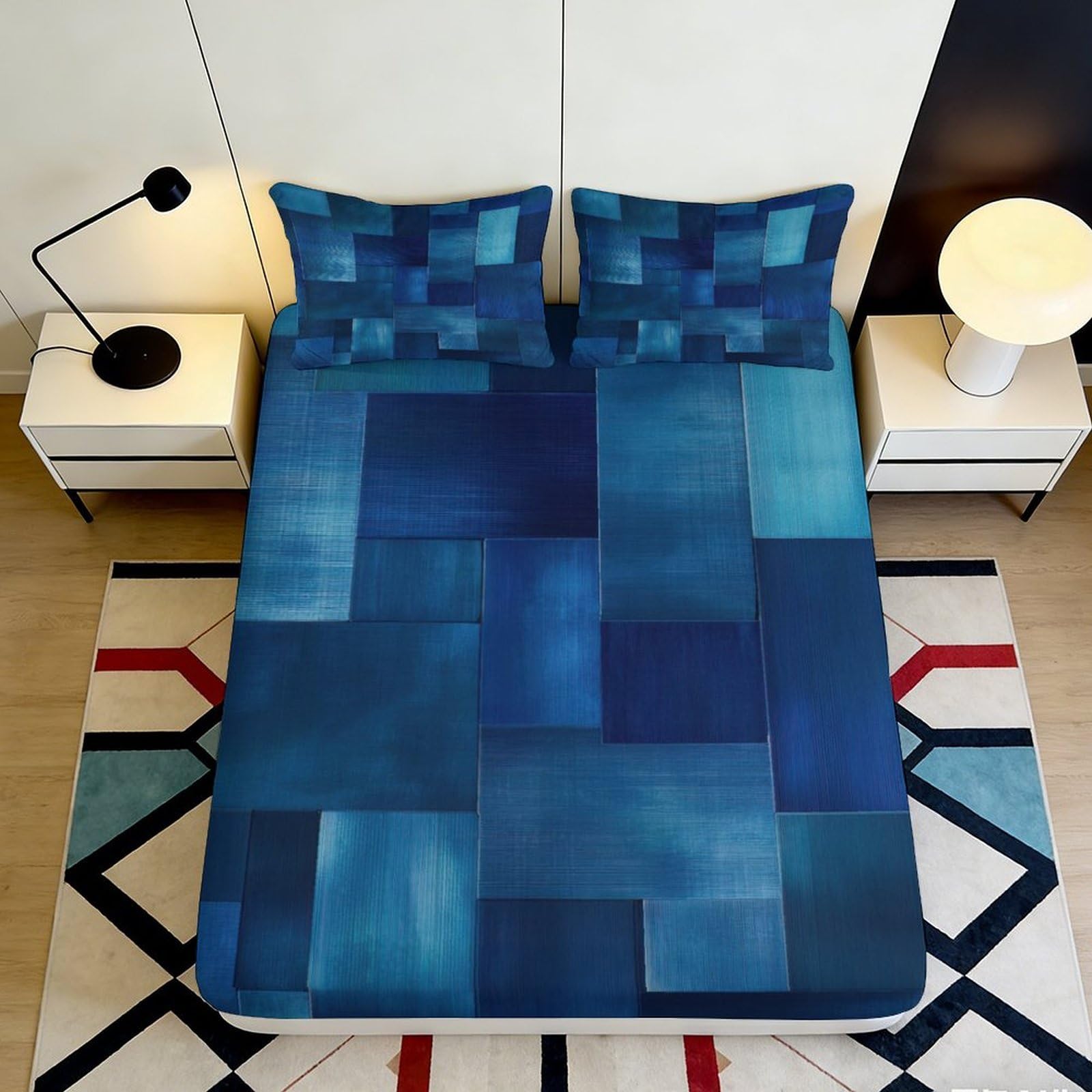 3D Printed Blue Geometric Pattern Fitted Sheet Microfiber Soft Bedroom Decor Abstract Block Mattress Cover for Home Dorm 200x200x25cm