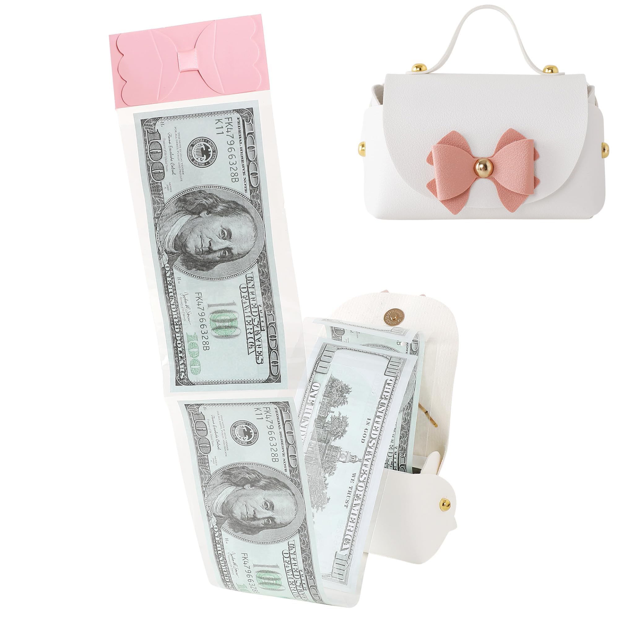 Litvana Leather Money Surprise Box - Pull Cash Box with a Gift Bow for Birthday, Anniversary, White