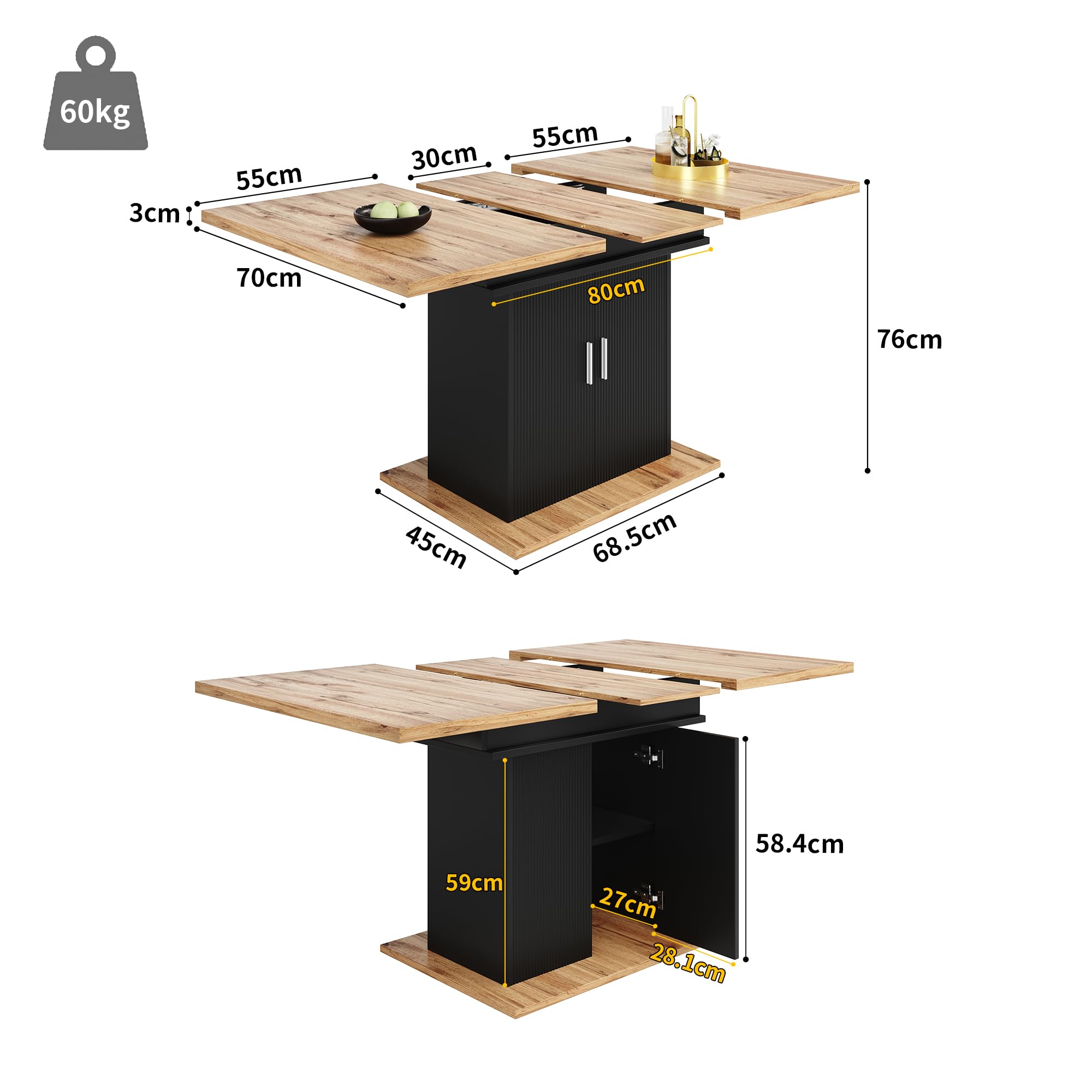 Tavolo da pranzo allungabile (140 x 70 cm), tavolo da cucina salvaspazio, tavolo da pranzo con tre ripiani, adatto per cucina e soggiorno, colore naturale + nero