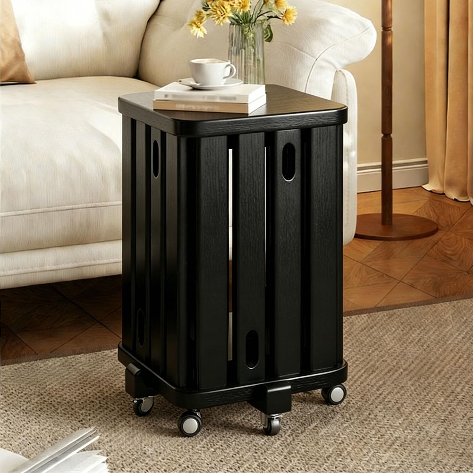 Set di 4 sgabelli impilabili in legno massello con ruote, design quadrato, lavorazione a mortasa e tenone, versatile comodino per camera da letto, cucina, ufficio