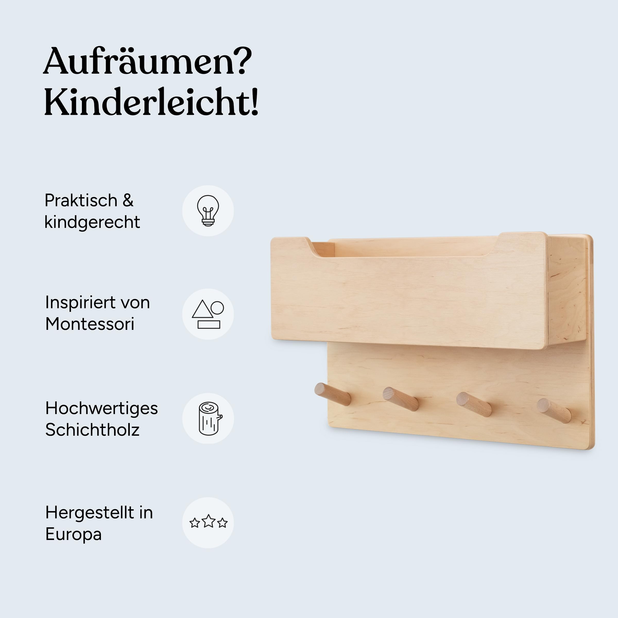 Ehrenkind® Kindergarderobe | Aus robusten Holz | Garderobe Kinder | Klein Weiß mit Sichtfenster | geeignet als Wandregal Kinderzimmer | Kleiderhaken Wand | Kinder Kleiderhaken