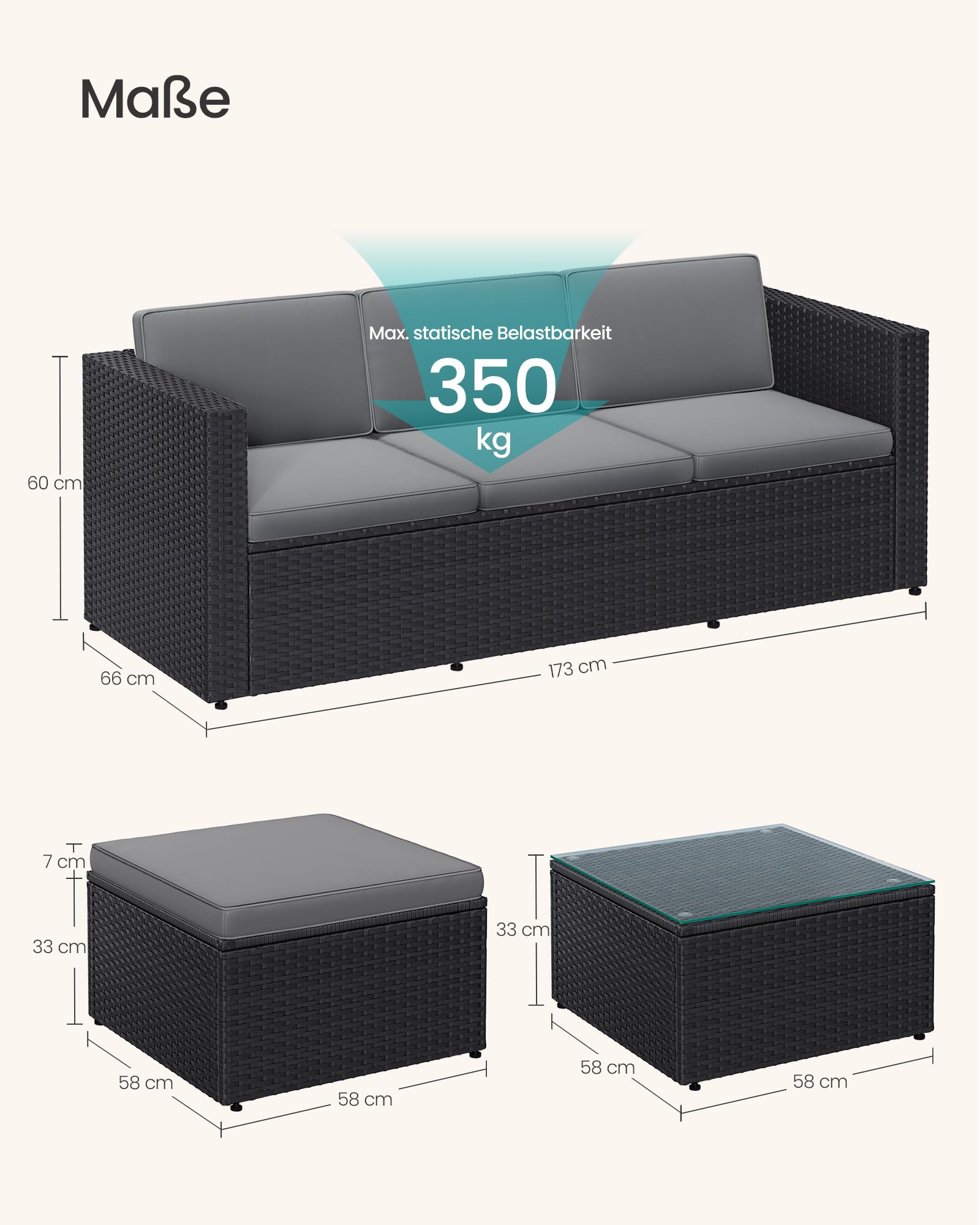 SONGMICS Gartenmöbel-Set, Balkonmöbel aus PE-Polyrattan, Terrassenmöbel, Ecksofa, Outdoor, handgeflochtenes Rattan, Lounge-Set, mit Kissen und Glastisch, schwarz-grau GGF005B04
