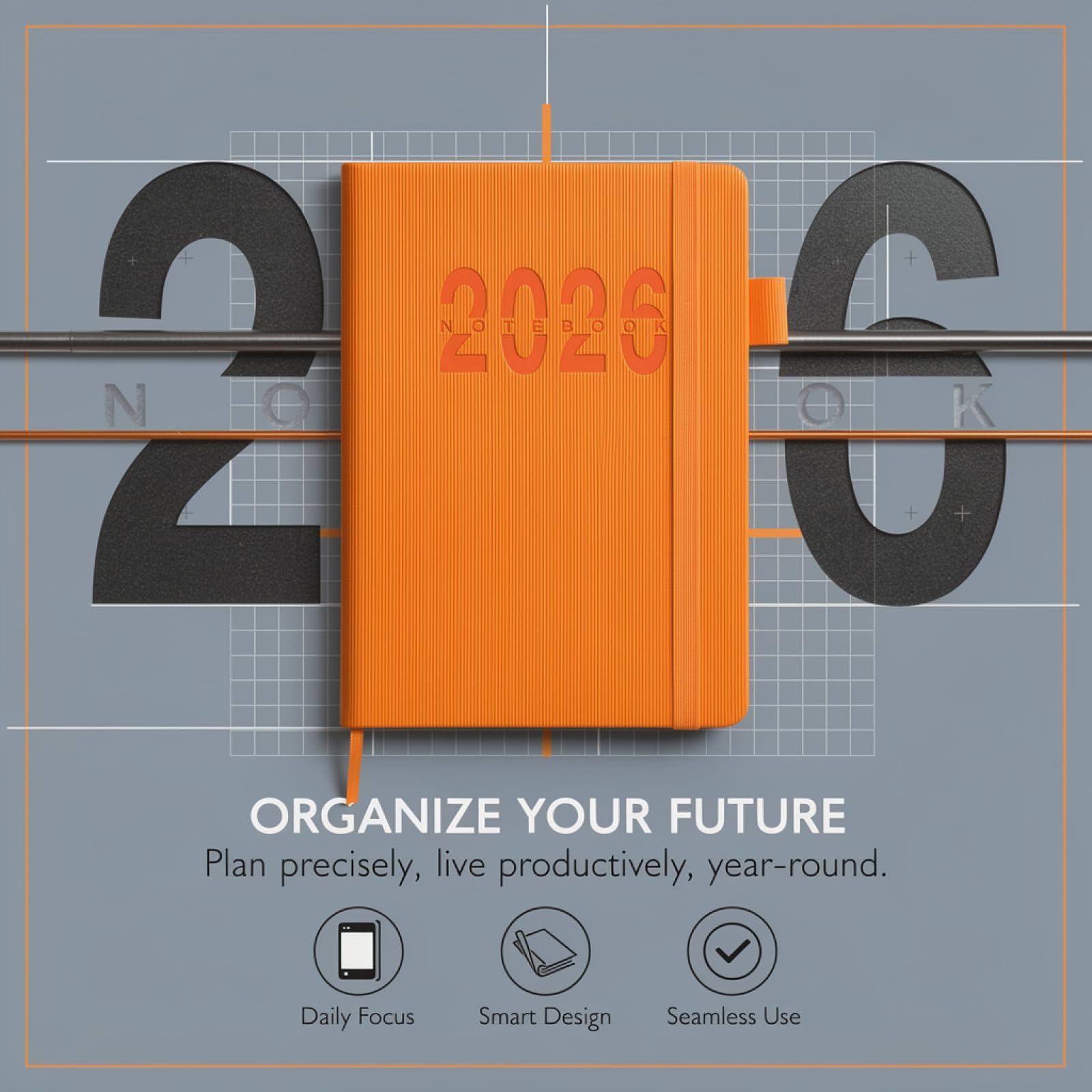 Agenda journalier 2026, A5 orange, organiseur de vie de janv 2026 à déc 2026, 360 pages, couverture en PU avec passant pour stylo, ouverture à plat, créneaux horaires, suivi précis pour planifier