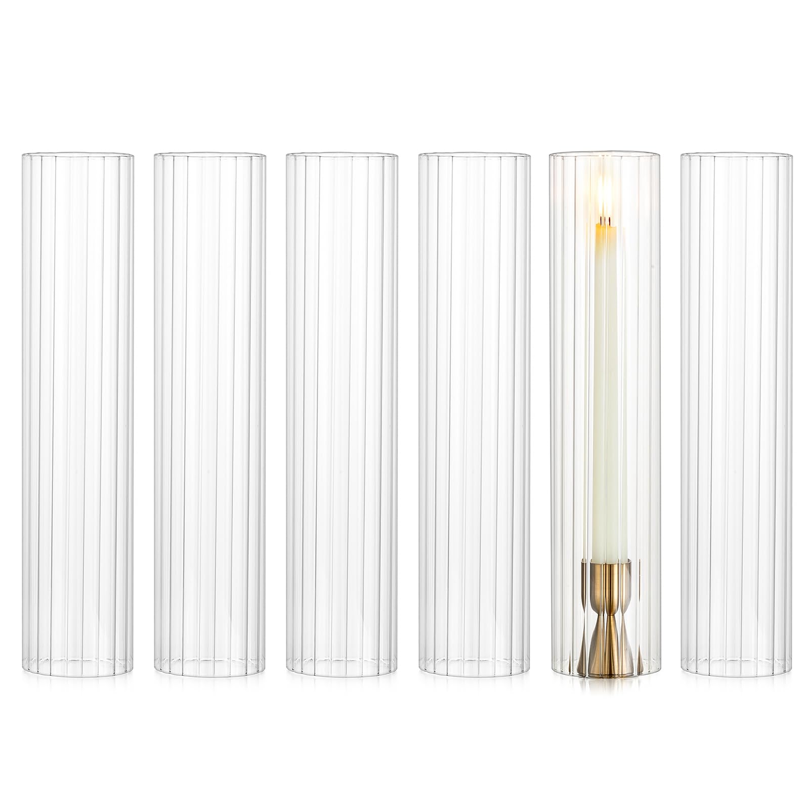 NUPTIO Portacandele a Uragano Matrimonio: 30cm x 6,5cm Paralume in Vetro A Coste per Candelieri - 6 Coperchi Decorativi per Candele A Cilindro Senza Fondo per Centrotavola All'aperto