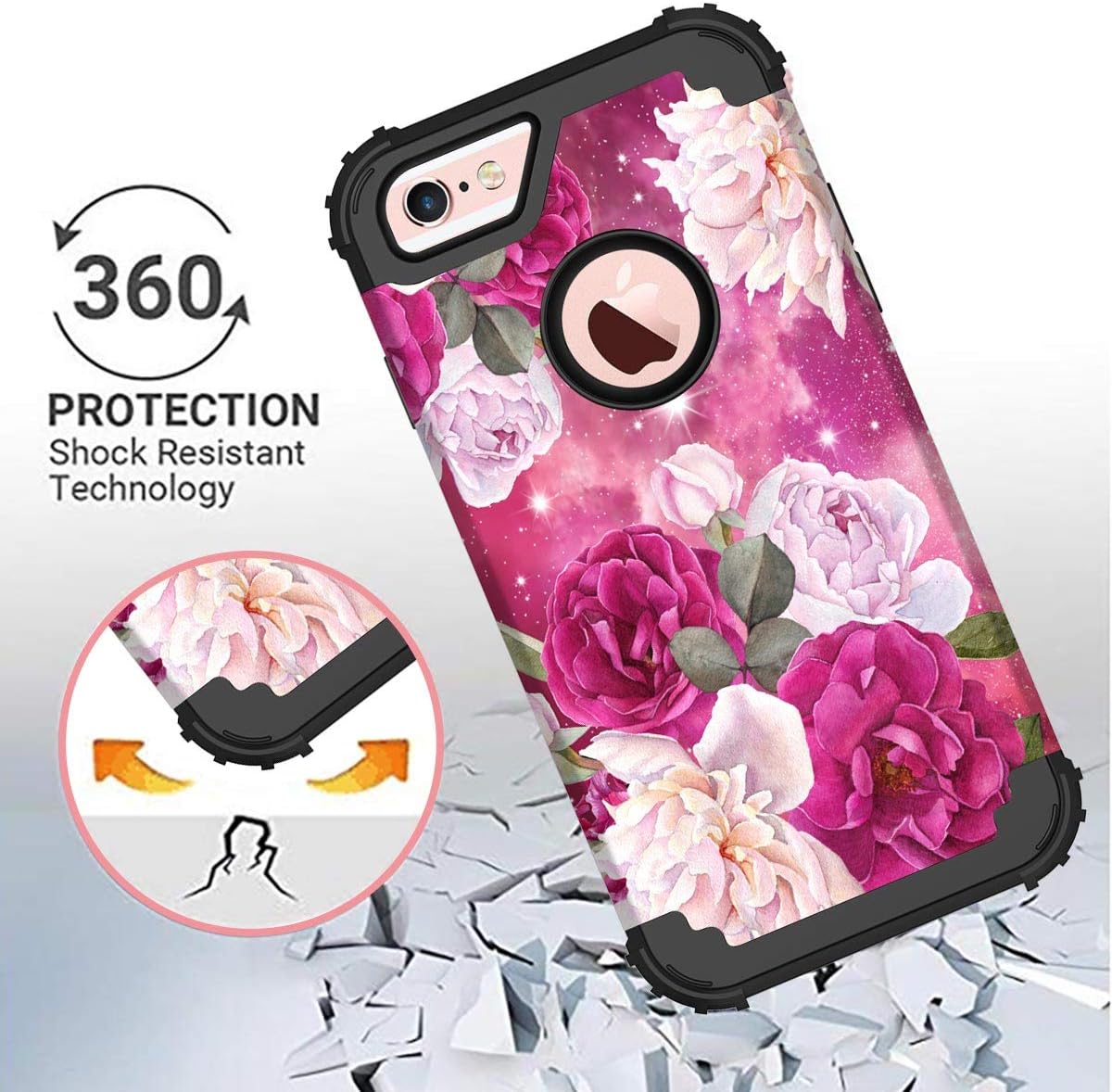 Casetego Compatible with iPhone 6S Case,iPhone 6 Case,Floral Three Layer Heavy Duty Hybrid Sturdy Shockproof Protective Cover Case for Apple iPhone 6S/6,Rose Red/Black