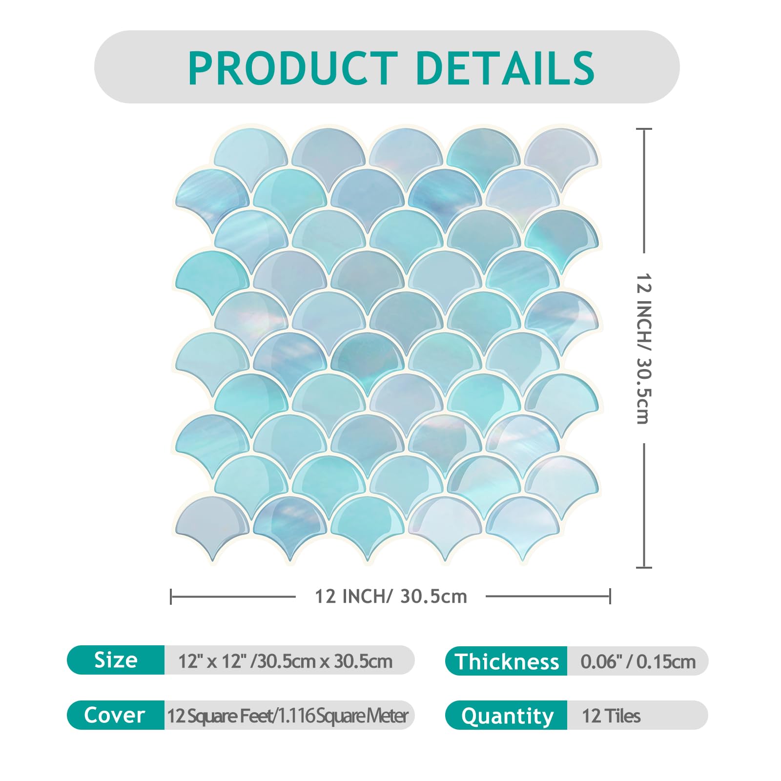 VEELIKE Piastrelle in ceramica iridescenti, con squame di pesce blu iridescente, per piastrelle da parete della cucina, stacca e attacca, impermeabili, 12 fogli autoadesivi in ceramica per bagno, 30,5