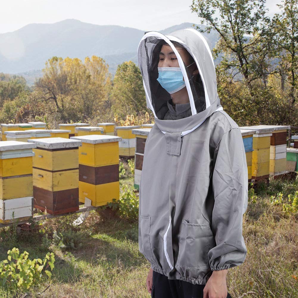 SIXRUN Giacca da Apicoltore Tuta da Ape in Cotone Poliestere con Doppie Cerniere Velo Pieghevole Grembiule Copertura Viso Vestibilità Traspirante per Apicoltori Ispezione dell'alveare e Lavoro in